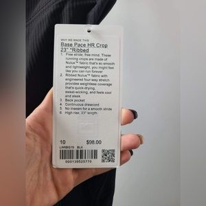 Lulu Lemon base pace HR crop 23” Ribbed // size 10// NWT!